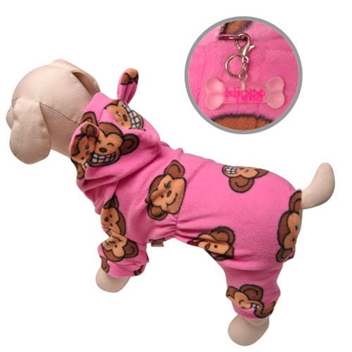 Adorable Silly Monkey Fleece Dog Pajamas/Bodysuit with Hood - Pink