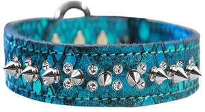 Double Crystal Silver Spike Dragon Skin Genuine Leather Dog Collar - Many Colors - Posh Puppy Boutique