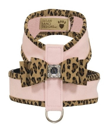 Susan Lanci Two Tone Big Bow Tinkie Harness in Puppy Pink with Cheetah Trim