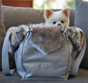 Platinum Glitzerati Double Nouveau Bow Luxury Carrier with Fur Trim - Posh Puppy Boutique
