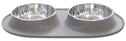Double Bowl Silicone Feeders with Stainless Bowl- Grey