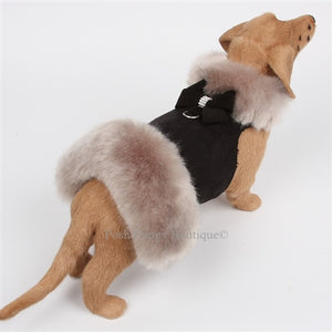 Susan Lanci Nouveau Bow Faux Fur Coat- Black-Soft Silver Fox - Posh Puppy Boutique