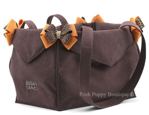 Susan Lanci Luxury Purse Carrier Collection- Ultrasuede in Cholocate and Orange Nouveau Bow - Posh Puppy Boutique
