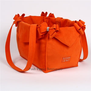 Susan Lanci Luxury Purse Carrier Collection- Ultrasuede Orange Nouveau Bow - Posh Puppy Boutique
