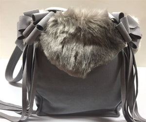 Susan Lanci Luxury Purse Carrier Collection- Nouveau Bow w-Fringe Platinum w-Soft Silver Fox Faux Fur - Posh Puppy Boutique