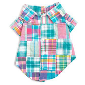 Multi Patch Madras Shirt in Turquoise - Posh Puppy Boutique