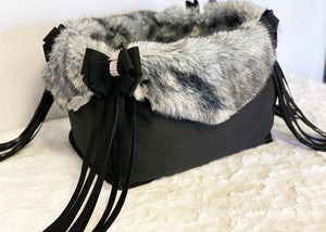 Susan Lanci Luxury Purse Carrier Collection- Nouveau Bow with Fringe Black with Grey Black Tipped Faux Fur - Posh Puppy Boutique