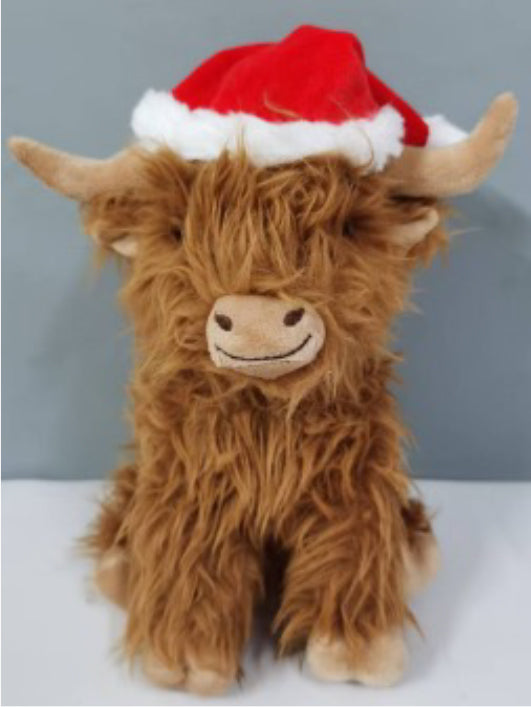 Highland Cow Shaggy W/ Santa Hat Plush Dog Toy 8"