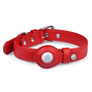 Vegan Leather Airtag Dog Collar in Red