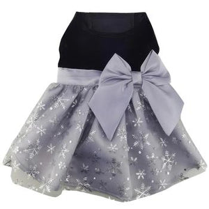 Holiday Dog Harness Dress - Black Velvet with Gray Snowflake Skirt