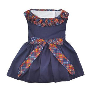Navy Dress with Plaid Ruffles Harness Dress