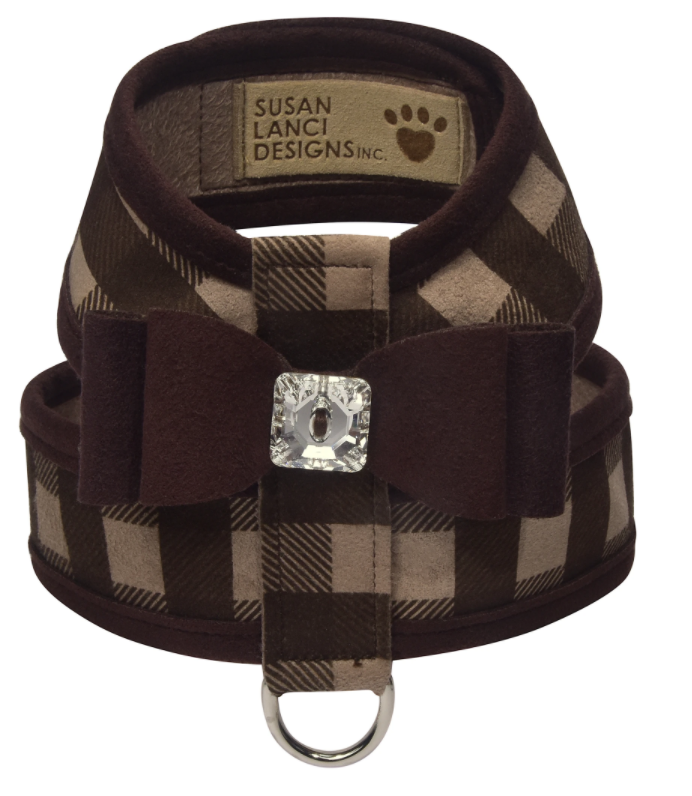 Susan Lanci Tinkie Harness in Fawn Gingham with Chocolate Big Bow