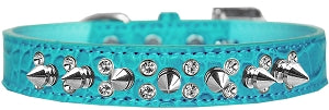 Punk Rock Double Crystal and Silver Spikes Dog Collar in Aqua