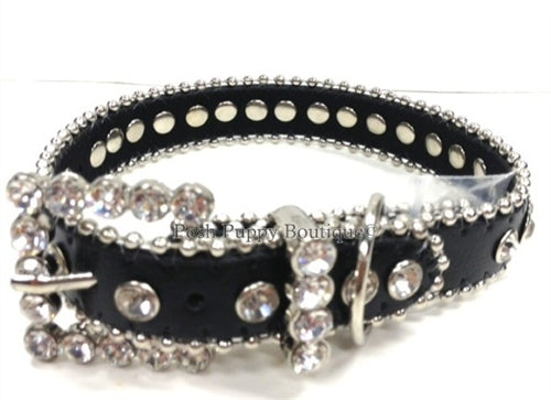 Couture Clear Crystal and Leather Dog Collar in Black