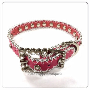 Couture Clear Crystal and Leather Dog Collar in Hot Pink - Posh Puppy Boutique