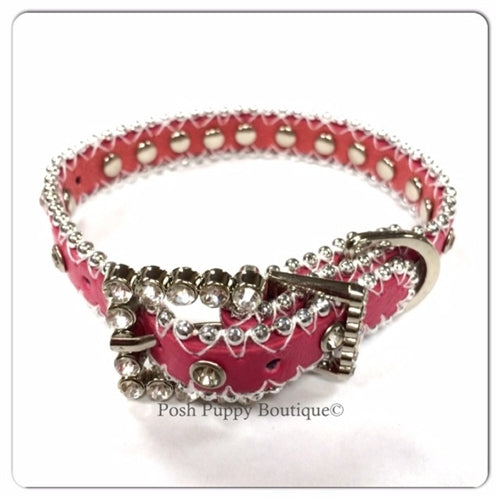 Couture Clear Crystal and Leather Dog Collar in Hot Pink