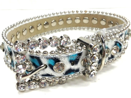 Couture Clear Crystal and Leather Dog Collar in Aqua Snow Leopard