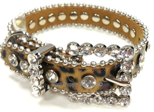 Couture Clear Crystal and Leather Dog Collar in Tan Leopard
