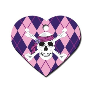 Pink Argyle Skull And Crossbones Large Heart Id Tag
