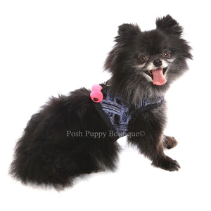 The Venice Frayed Harness Vest- Blue & Purple Pom Poms - Posh Puppy Boutique