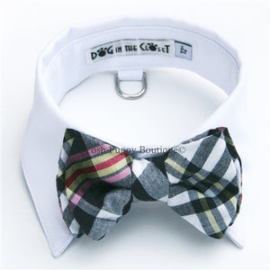 White Shirt Dog Collar with Black & White Madras Plaid Bow Tie - Posh Puppy Boutique