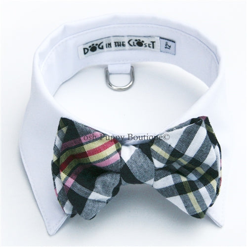 White Shirt Dog Collar with Black & White Madras Plaid Bow Tie