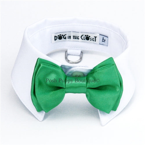 White Shirt Dog Collar with Kelly Green Bow Tie