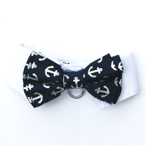 White Shirt Dog Collar with Navy Anchor Bow Tie - Posh Puppy Boutique