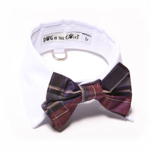 White Shirt Dog Collar with Purple Silk Plaid Bow Tie - Posh Puppy Boutique