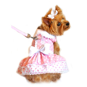 Pink Polka Dot and Lace Dog Harness Dress Set - Posh Puppy Boutique