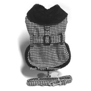 Black and White Classic Houndstooth Dog Harness Coat with Leash - Posh Puppy Boutique