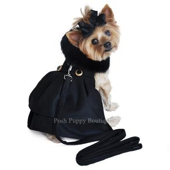Black Wool and Black Fur Dog Harness Coat
