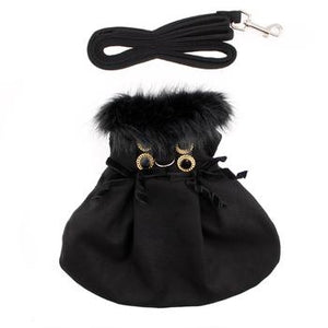 Black Wool and Black Fur Dog Harness Coat - Posh Puppy Boutique