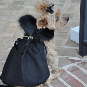Black Wool and Black Fur Dog Harness Coat - Posh Puppy Boutique