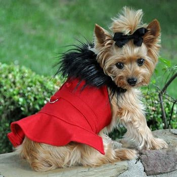 Wool Fur-Trimmed Dog Harness Coat - Red