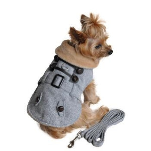 Grey Herringbone Dog Coat with Leash - Posh Puppy Boutique