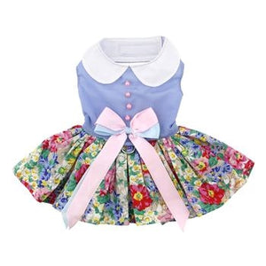 Blue and White Pastel Pearls Floral Dress with Matching Leash - Posh Puppy Boutique