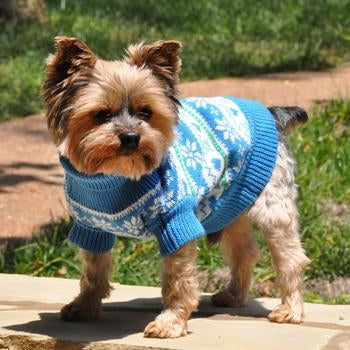 Combed Cotton Snowflake and Hearts Dog Sweater - Blue