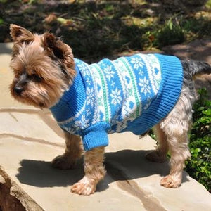 Combed Cotton Snowflake and Hearts Dog Sweater - Blue - Posh Puppy Boutique