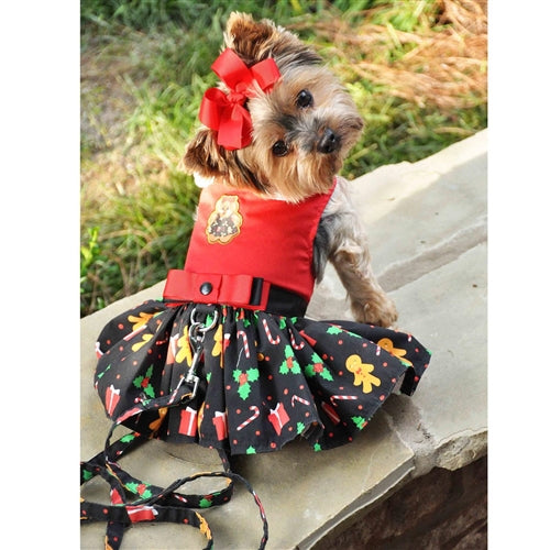 Holiday Dog Harness Dress and Leash - Gingerbread