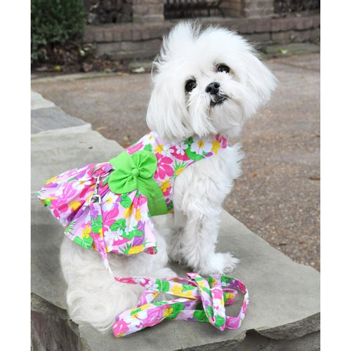 Pink Hawaiian Floral Dog Harness Dress with Matching Leash
