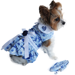 Blue Rose Harness Dress with Matching Leash - Posh Puppy Boutique