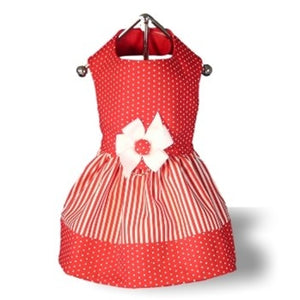Red and White Swiss Dots & Stripes Dog Harness Dress - Posh Puppy Boutique