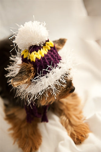 Yellow and Purple Dog Hat with White Fuzzy Trim