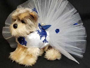 White and Navy Wedding Harness Dress - Posh Puppy Boutique