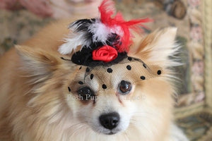 Couture Black Hat with Red/White Feathers and Red Flower - Posh Puppy Boutique