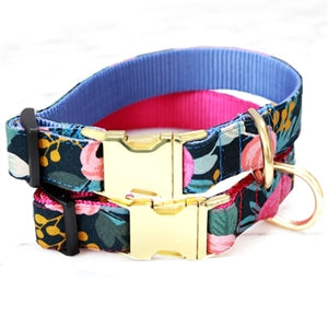 Mimi Green FLEUR Floral Canvas Dog Collar Midnight with Sky Blue Webbing - Posh Puppy Boutique