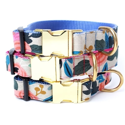 Mimi Green FLEUR Floral Canvas Dog Collar Natural with Sky Blue
