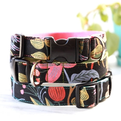 Mimi Green NOIR Floral Canvas Dog Collar with Strawberry Coral