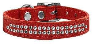 Two Row Clear Jeweled Leather Collar in Red